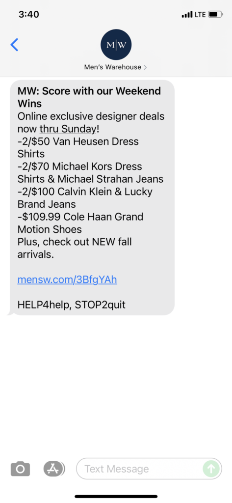 Men's Warehouse Text Message Marketing Example - 10.22.2021
