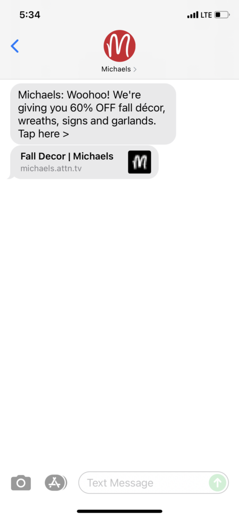 Michaels Text Message Marketing Example - 10.09.2021