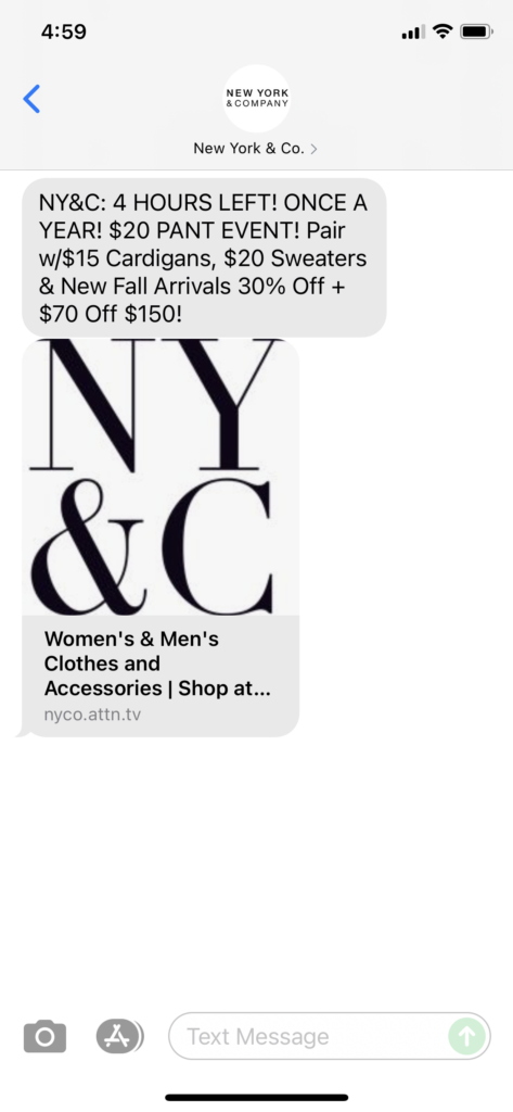New York & Co Text Message Marketing Example - 10.03.2021