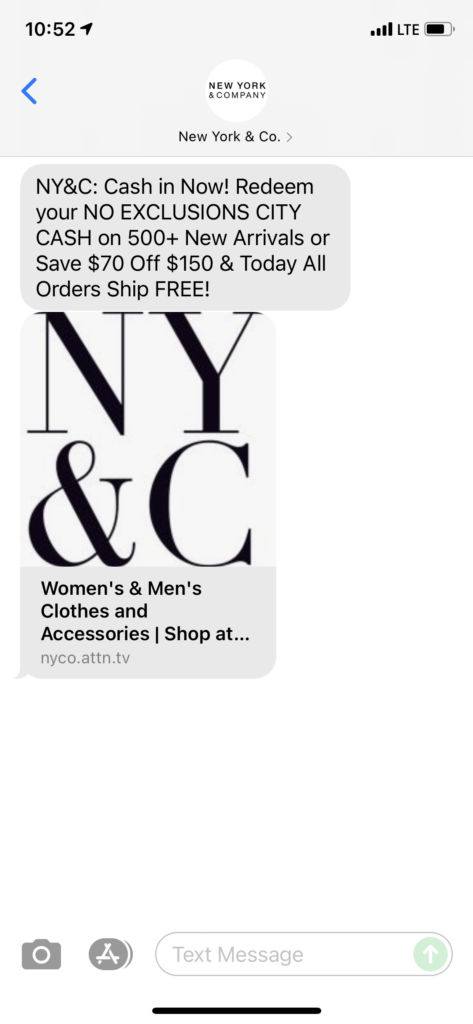 New York & Co Text Message Marketing Example - 10.06.2021