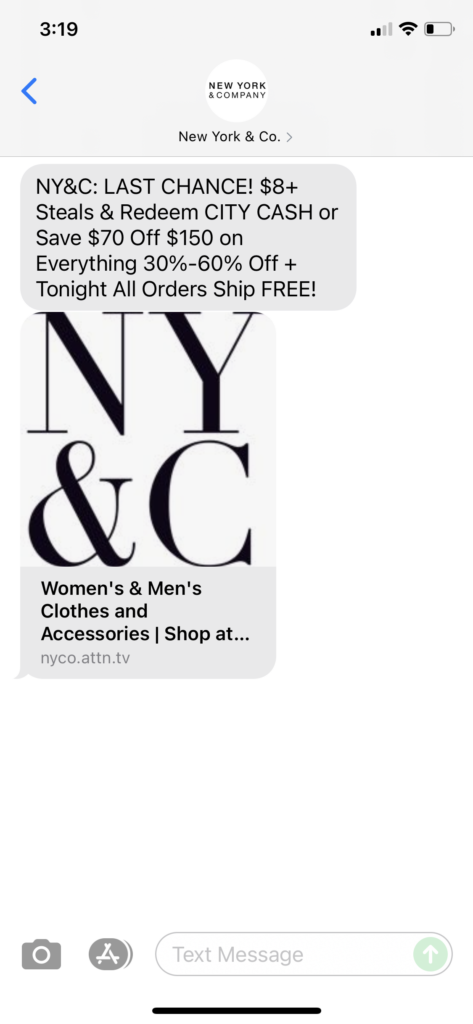 New York & Co Text Message Marketing Example - 10.12.2021