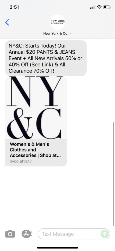 New York & Co Text Message Marketing Example - 10.15.2021
