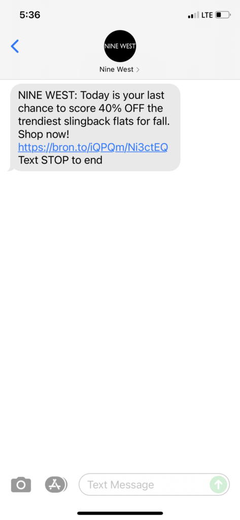 Nine West Text Message Marketing Example - 10.09.2021