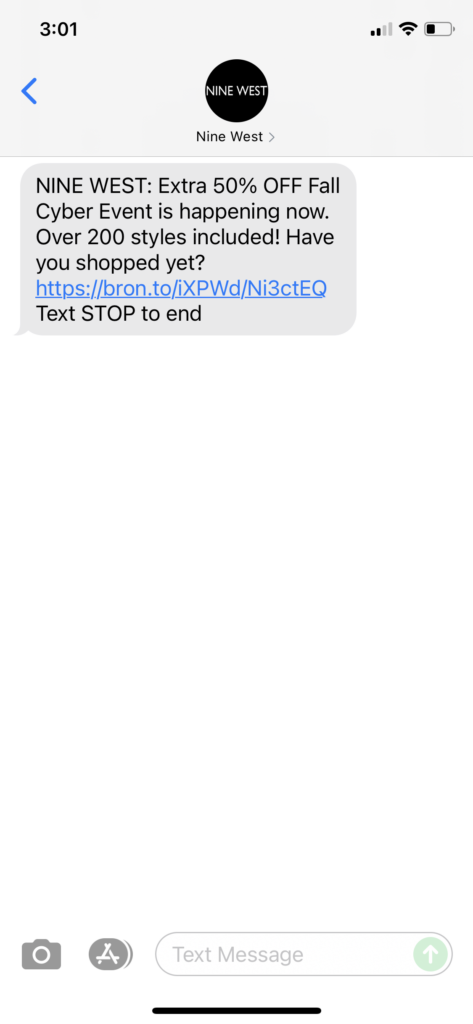 Nine West Text Message Marketing Example - 10.14.2021