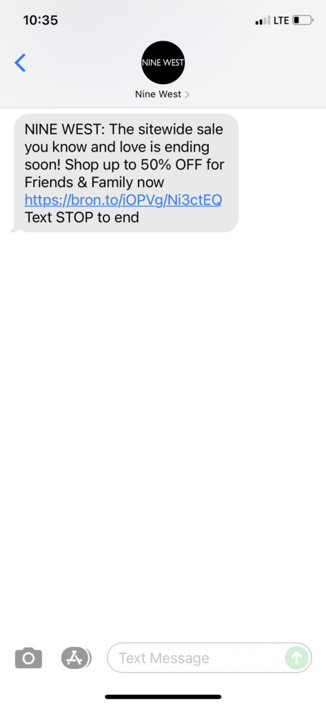 Nine West Text Message Marketing Example - 10.25.2021