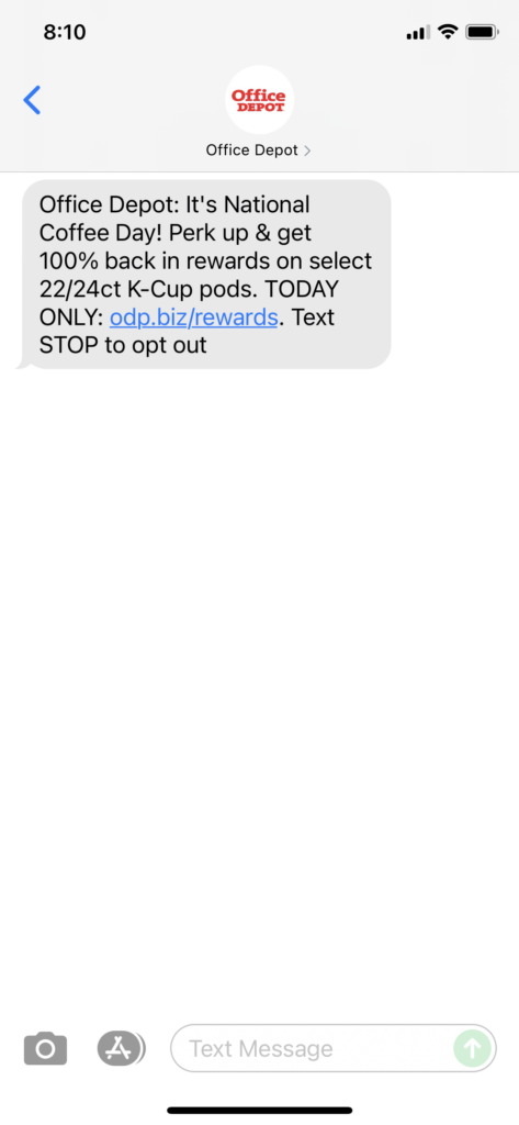 Office Depot Text Message Marketing Example - 09.29.2021