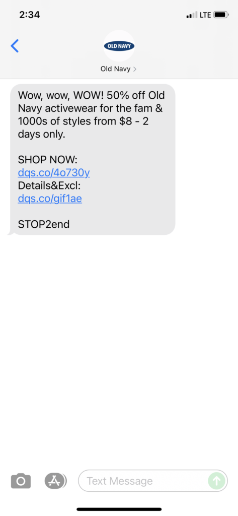 Old Navy Text Message Marketing Example - 10.02.2021