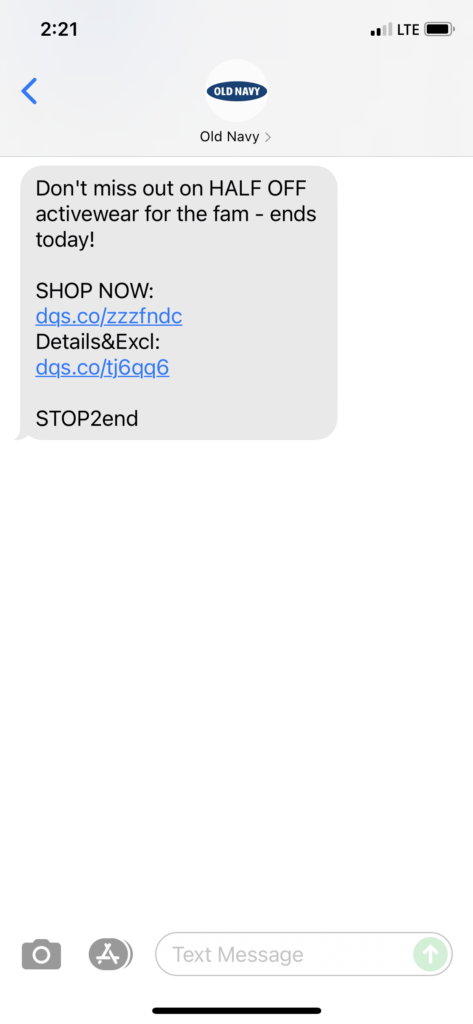 Old Navy Text Message Marketing Example - 10.03.2021