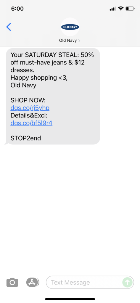 Old Navy Text Message Marketing Example - 10.09.2021