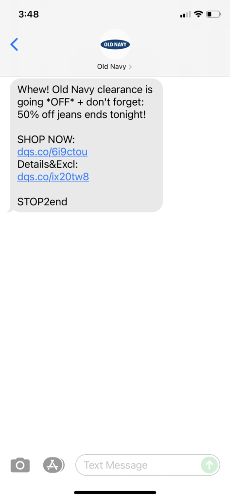 Old Navy Text Message Marketing Example - 10.10.2021