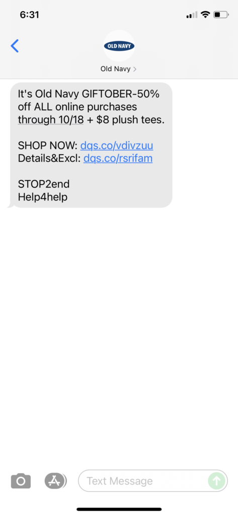 Old Navy Text Message Marketing Example - 10.16.2021