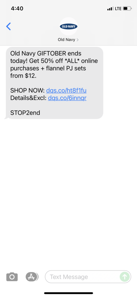 Old Navy Text Message Marketing Example - 10.19.2021