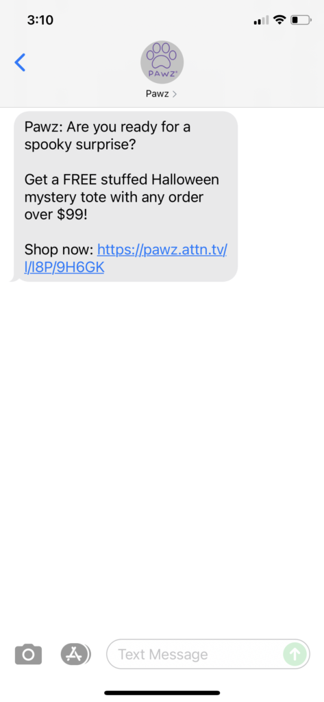 PAWZ Text Message Marketing Example - 10.13.2021