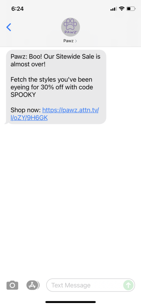 PAWZ Text Message Marketing Example - 10.17.2021