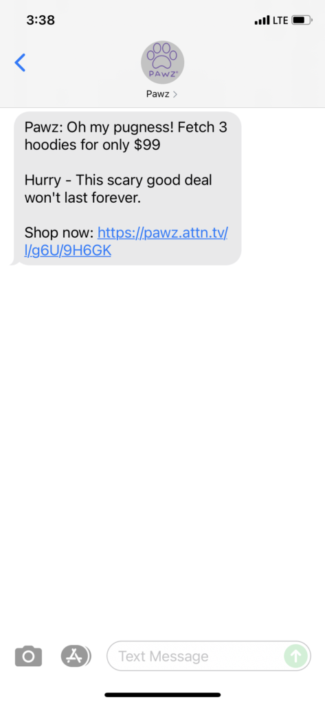 PAWZ Text Message Marketing Example - 10.22.2021