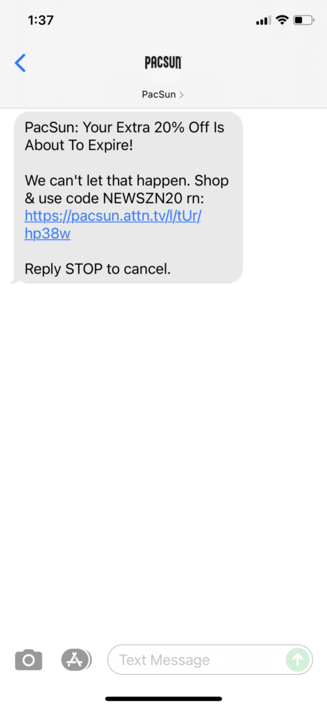 PacSun Text Message Marketing Example - 09.28.2021