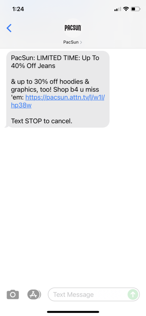 PacSun Text Message Marketing Example - 09.30.2021
