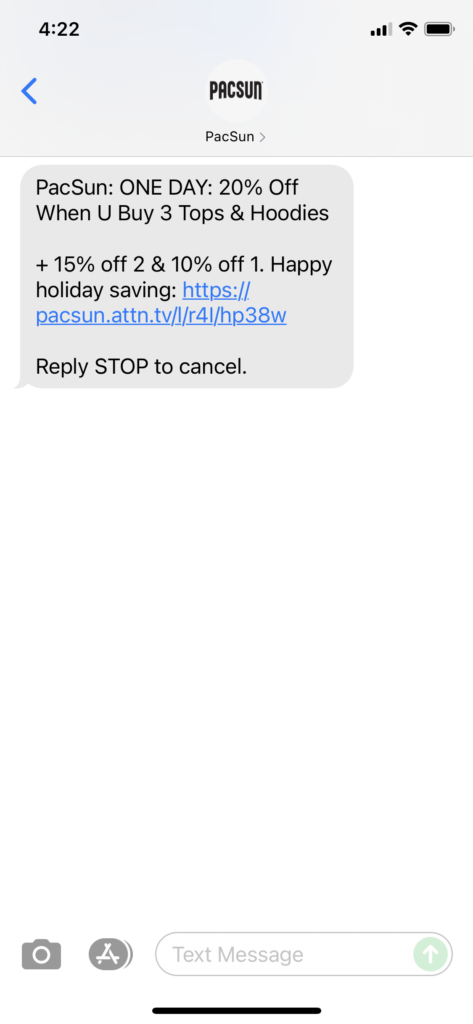 PacSun Text Message Marketing Example - 10.05.2021