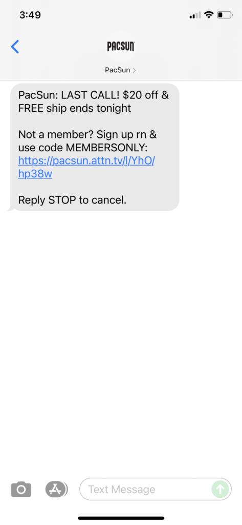 PacSun Text Message Marketing Example - 10.10.2021