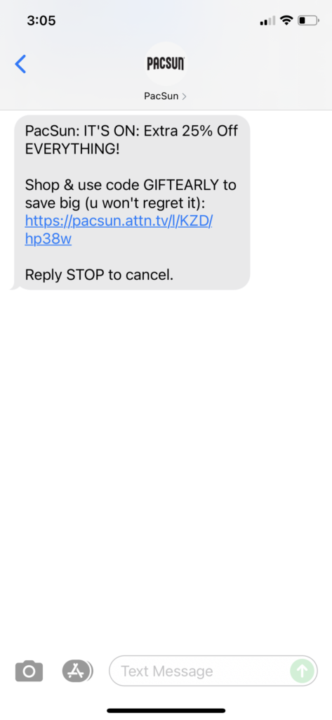 PacSun Text Message Marketing Example - 10.14.2021