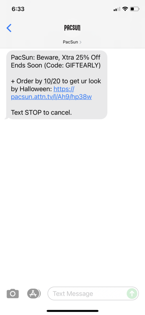 PacSun Text Message Marketing Example - 10.16.2021