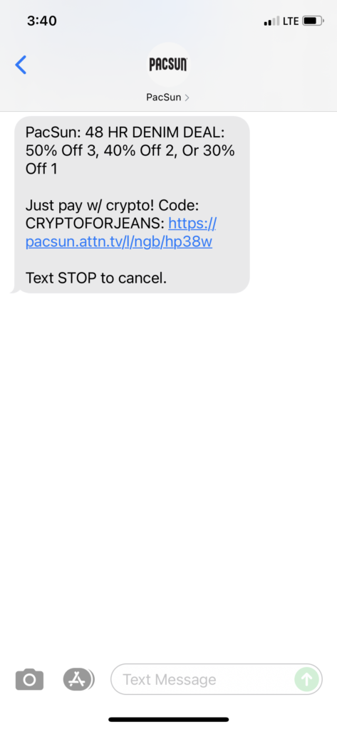 PacSun Text Message Marketing Example - 10.18.2021