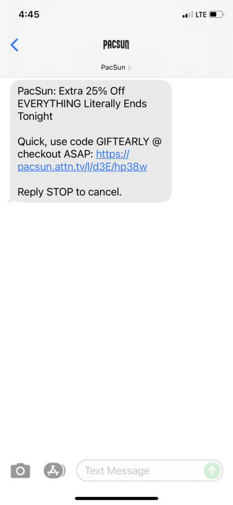 PacSun Text Message Marketing Example - 10.19.2021