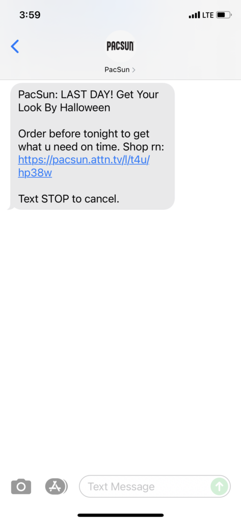 PacSun Text Message Marketing Example - 10.20.2021