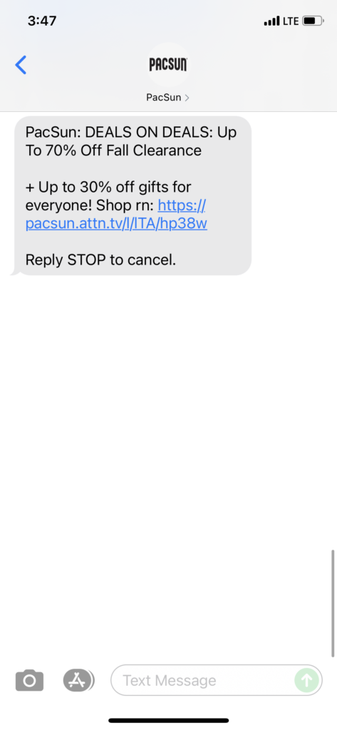 PacSun Text Message Marketing Example - 10.21.2021