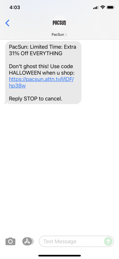 PacSun Text Message Marketing Example - 10.28.2021