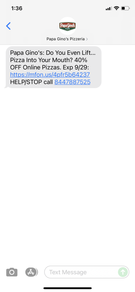 Papa Gino's Text Message Marketing Example - 09.28.2021