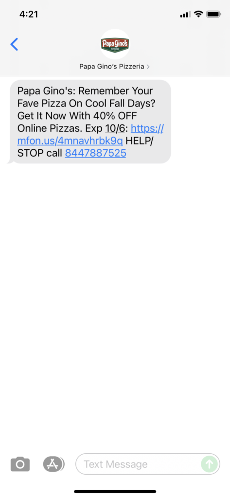 Papa Gino's Text Message Marketing Example - 10.05.2021