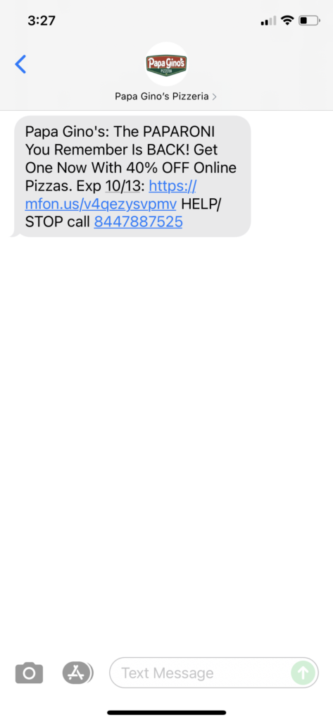 Papa Gino's Text Message Marketing Example - 10.12.2021