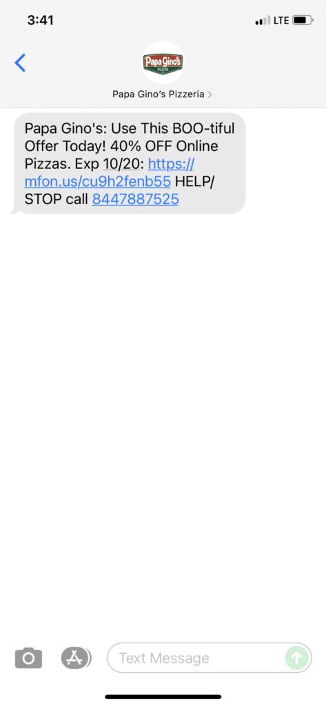 Papa Gino's Text Message Marketing Example - 10.18.2021