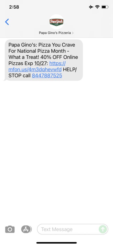 Papa Gino's Text Message Marketing Example - 10.26.2021
