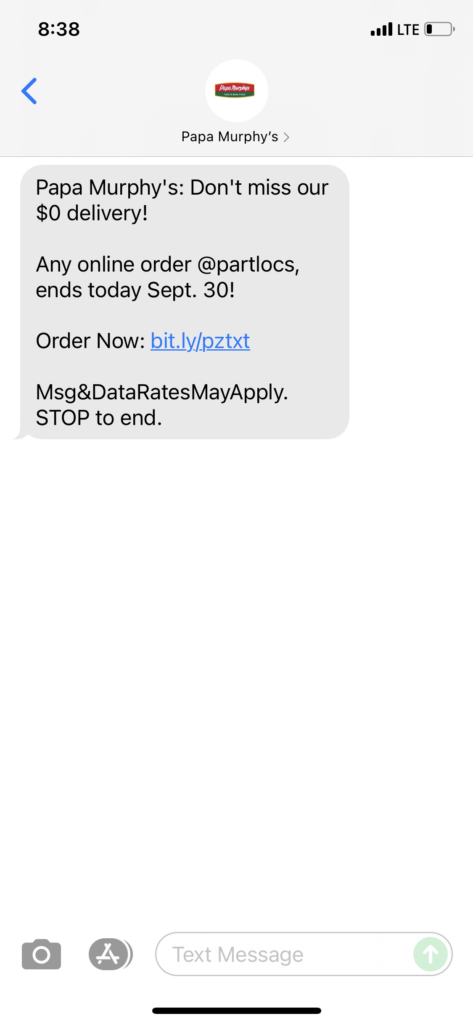 Papa Murphy's Text Message Marketing Example - 09.30.2021