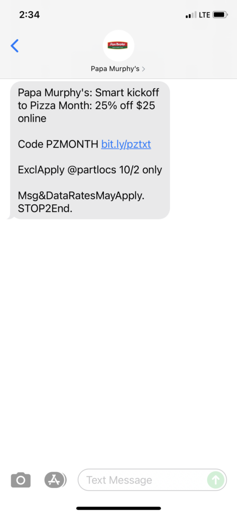 Papa Murphy's Text Message Marketing Example - 10.02.2021