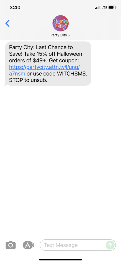 Party City Text Message Marketing Example - 10.18.2021