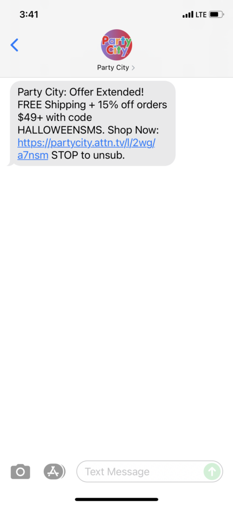Party City Text Message Marketing Example - 10.22.2021