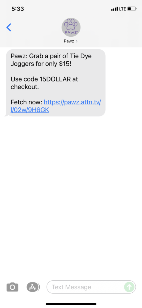 Pawz 1 Text Message Marketing Example - 10.09.2021