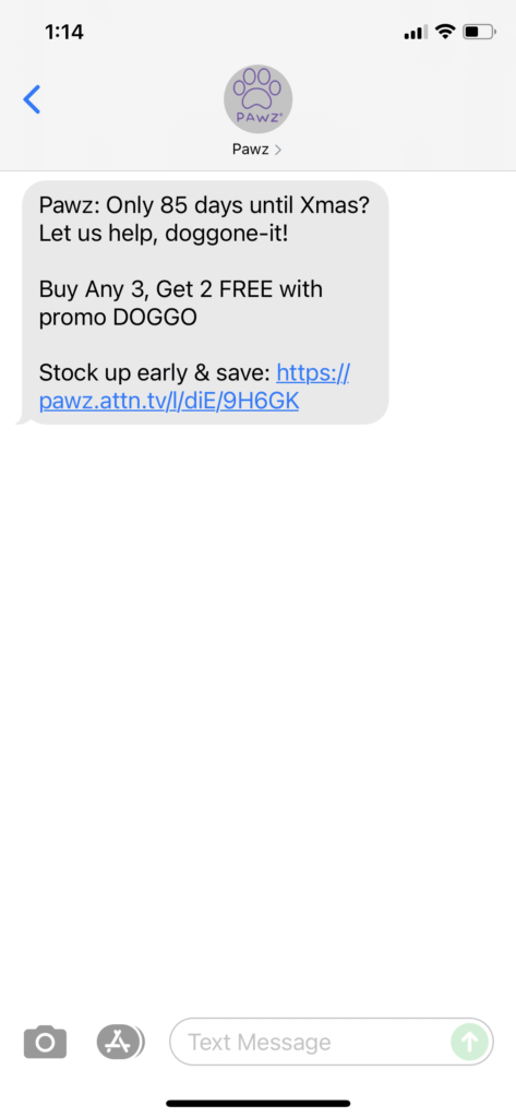 Pawz Text Message Marketing Example - 10.01.2021