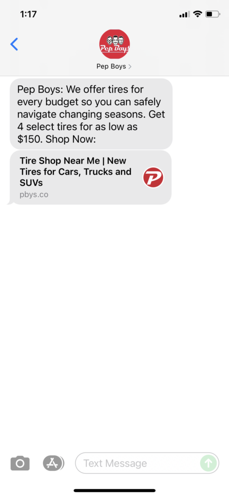 Pep Boys Text Message Marketing Example - 10.01.2021