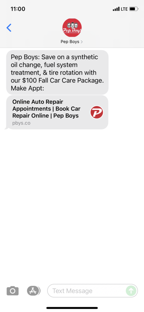 Pep Boys Text Message Marketing Example - 10.08.2021