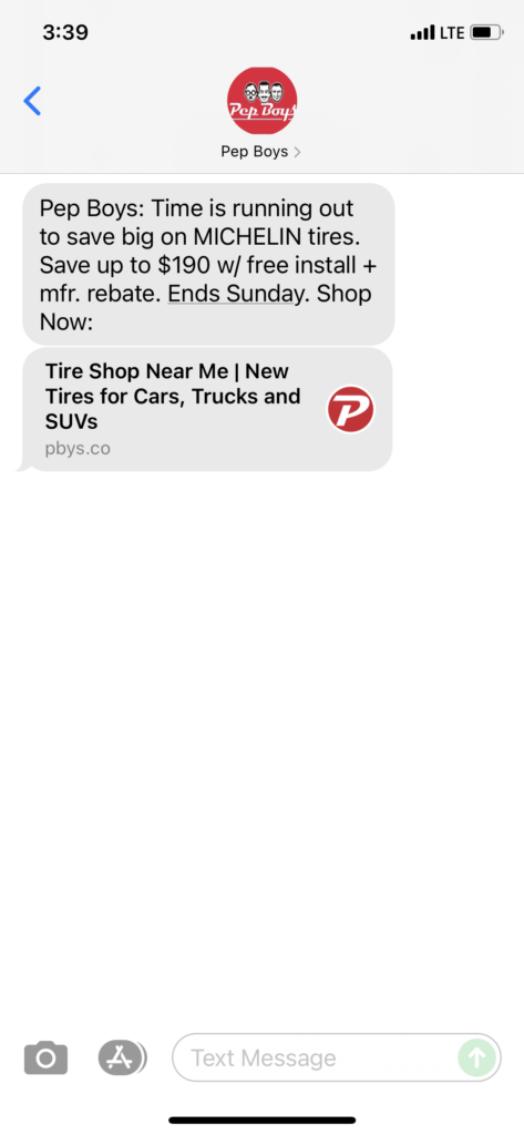 Pep Boys Text Message Marketing Example - 10.22.2021
