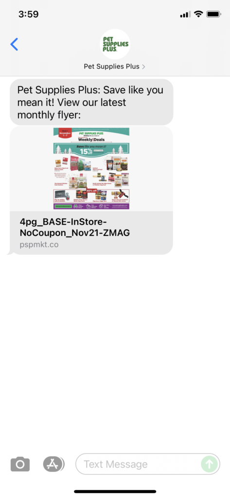 Pet Supplies Plus Text Message Marketing Example - 10.28.2021