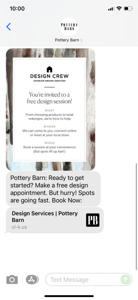 Pottery Barn Text Message Marketing Example - 10.01.2021
