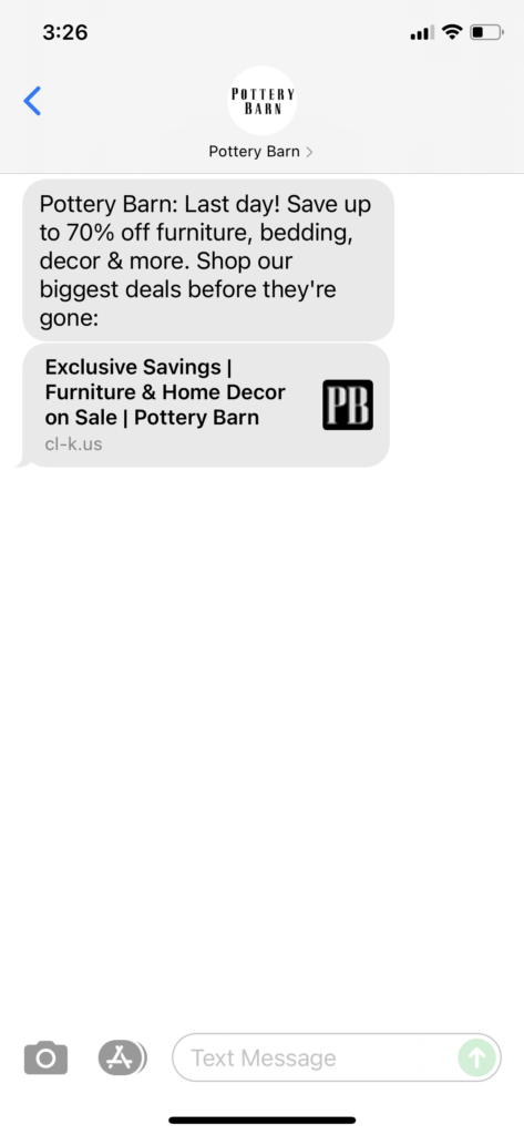 Pottery Barn Text Message Marketing Example - 10.12.2021