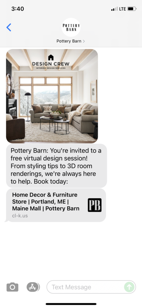 Pottery Barn Text Message Marketing Example - 10.18.2021
