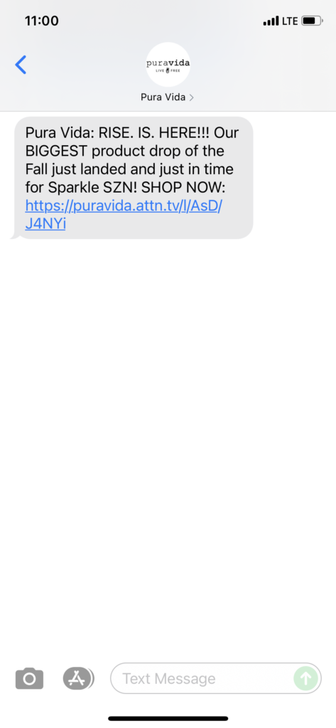 Pura Vida Text Message Marketing Example - 10.05.2021