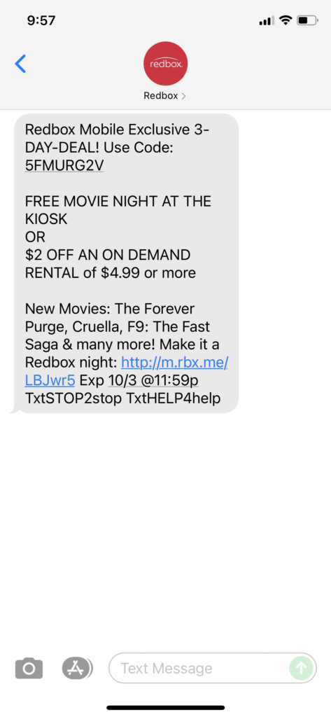 Redbox Text Message Marketing Example - 10.01.2021